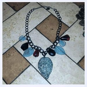 Patina leaf and bead necklace